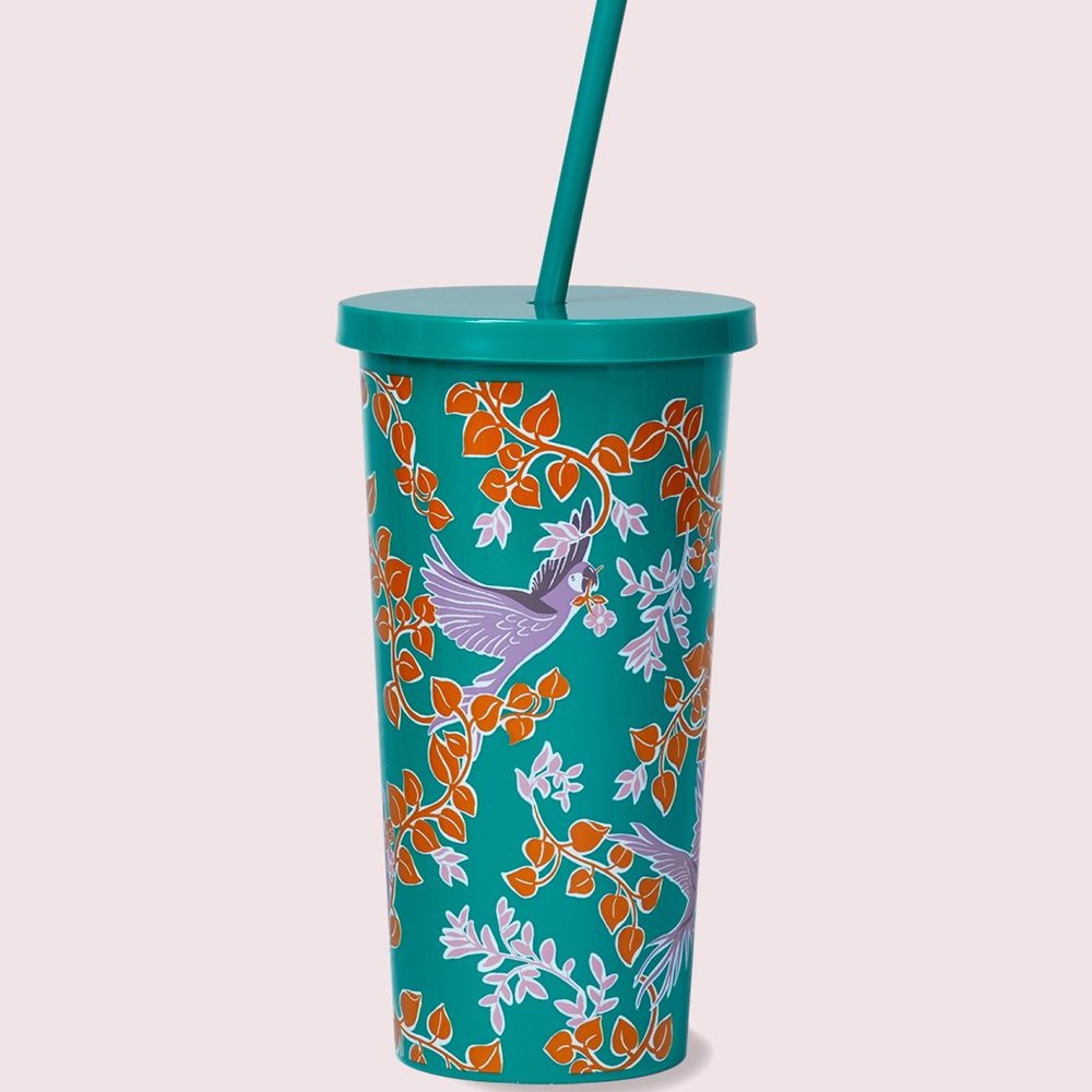 KATE SPADE Bird Party Tumbler & Straw NWT